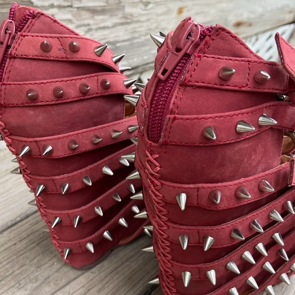 Jeffrey Campbell Zip-2 Stud Brick Red Nubuck Leather Wedge Shoes Women's Size 6 - Picture 9 of 14